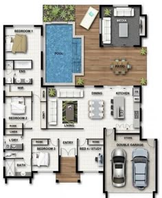 a floor plan for a house with two cars parked in the driveway and an open living area