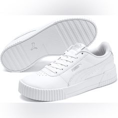 Taking Its Design Cues From The '80s, This Classic Tennis Silhouette Feels Right At Home With The Laid-Back Sneaker Style Of Californian Beach Towns. Enhanced Platform: New Tooling With An Elevated Platform Sole. High-Quality Construction: This Shoe Contains A Premium Leather Upper. Minimal And Timeless: This Shoe Makes A Stylish Statement With Subtle Puma Branding. Wider Lines On The Heel And Perforations On The Vamp Bring Added Edge. With Softfoam+ Sockliner To Provide Soft Cushioning And Comf Puma Carina, Puma Cali, Puma Women, Pumas Shoes, Puma Platform Sneakers, Trainers Women, Leather Sneakers, White Sneaker, Puma Sneaker