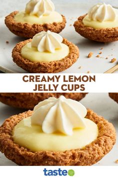 some desserts with cream on top and the words creamy lemon jelly cups above them