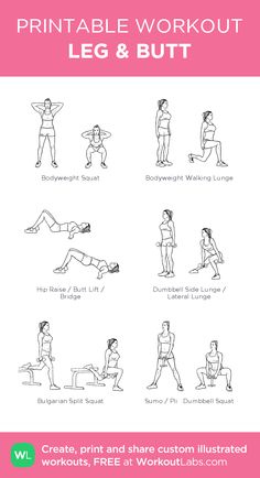 the printable workout poster shows how to do squats, leg and thigh lifts