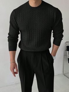 Men's Casual Solid Color Cable Knit Sweater, Spring Autumn Black Casual  Long Sleeve Fabric Plain Pullovers Slight Stretch  Men Clothing, size features are:Bust: ,Length: ,Sleeve Length: Sweater And Dress Pants Men, Black Cable Knit Sweater Outfit, Male Cardigan Outfit Aesthetic, Men Quiet Luxury Outfit, Timeless Minimalist Fashion, Men’s Knit Sweater, Black Sweater Outfit Men, Black Sweater Men, Cable Knit Sweater Outfit