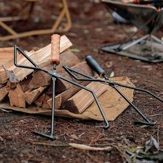 a pile of wood sitting on top of a forest floor next to a fire pit