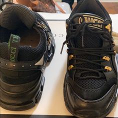 Black And Gold Authentic Gucci Sneaker Boots. Size 9 In Men. Worn 3 Times. No Longer Available In Any Stores. Gucci Sneakers, Gucci Shoes, Mens Shoes Sneakers, Sneaker Boots, Shoes Sneakers, Men's Shoes, Gucci, Boots, Sneakers