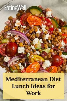 a white plate topped with lots of food next to a yellow sign that says mediterranean diet lunch ideas for work