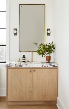 a bathroom with a large mirror above the sink and a plant in front of it