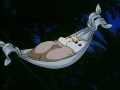 an animated image of a baby in a hammock hanging from a tree branch