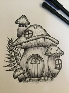 a drawing of a house with mushrooms on it