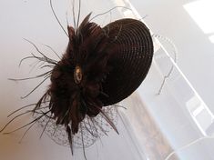 Chocolate Brown Straw Feather and Crystal Fascinator Hat with Veil and Crystal Headband, for wedding Gatsby Style Feather Fascinator For Party, Gatsby Style Party Fascinator With Feathers, Elegant Feathered Mini Hats For Party, Gatsby Style Mini Hats For Kentucky Derby Evening, Gatsby Mini Hat For Royal Ascot Evening, Elegant Party Mini Hats With Feathers, Elegant Feathered Party Hats And Headpieces, Elegant Feathered Fascinator For Party, Elegant Mini Hats With Feather Trim For Party