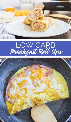 low carb breakfast roll ups with bacon and eggs in a cast iron skillet