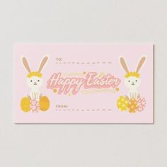 a pink easter card with two bunnies on it