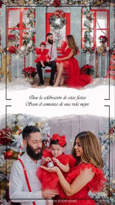 a couple and their baby are posing in front of christmas decorations with the words merry