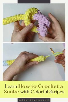 crochet instructions for how to crochet a snake with colorful stripes