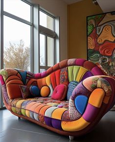 a colorful couch sitting in front of a large window