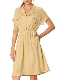 Shop Allegra K for notched lapel elastic waist pocket a-line safari shirt dress you are looking for, get more women's dresses for yourelf. Order now! Free Returns! Safari Dress Outfit, Loose Shirt Dress, Safari Dress, Safari Shirt, Belted Shirt Dress, Midi Short Sleeve Dress, Khaki Dress, Collars For Women, Shirt Dresses