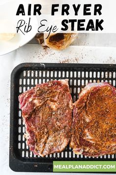 air fryer rib eye steak on a griddle with text overlay that reads air fryer rib eye steak