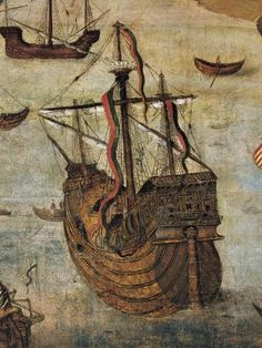 an old painting with ships in the water and people flying kites on top of them