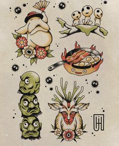 an old school tattoo design with different designs on it