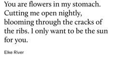 an image with the words you are flowers in my stomach cutting me open nightly, blooming through the cracks of the ribs i only want to be the sun for you