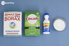 the ingredients needed to make homemade borax are displayed on a blue surface,