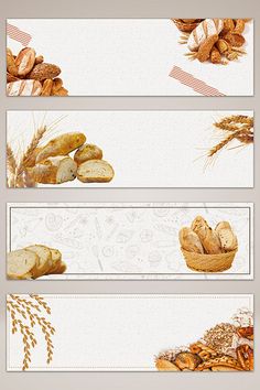 three banners with different types of breads and grains on them, one is white and the other is brown