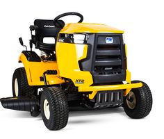 the front end of a yellow riding mower on a white background with black tires