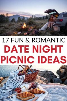 a picnic with food and drinks is featured in this postcard for romantic date night picnics