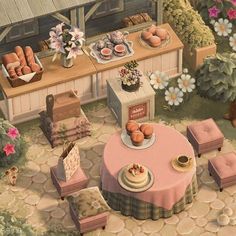 an image of a table with food on it in the middle of a flowery garden