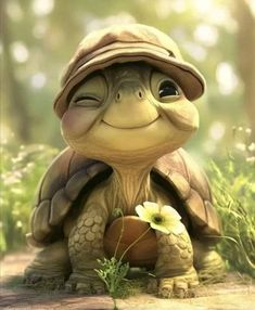 a tortoise wearing a hat and holding a flower