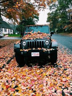 a jeep parked on the side of a road covered in leaves