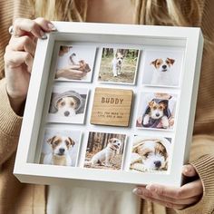 a woman holding up a white frame with pictures of dogs on it and the words buddy written in wood