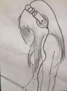 a pencil drawing of a girl with scissors in her hair looking down at the ground