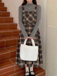 Women & Girls Casual Loose Plaid Midi Suspender Dress Coffee Casual  Sleeveless Fabric Plaid Pinafore Slight Stretch Fall/Winter Women Clothing, size features are:Bust: ,Length: ,Sleeve Length: Vestido Midi Casual, Plaid Print Skirt, Grey Colour Suit, Fleece Tights, Sleeveless Long Dress, Suspender Dress, Womens Tights, Women's Shapewear, Mid Length Dresses