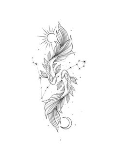 a black and white drawing of a goldfish with stars in the sky behind it