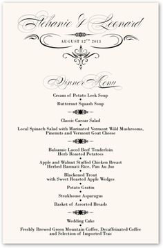 a menu for an event with black and white writing on it, including the names