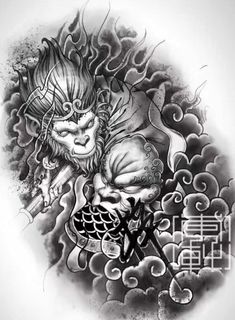 Wu Kong Tattoo, Wukong Tattoo Design, Chest Tattoo Sketches, Mascara Oni, Japanese Flower Tattoo, Buddha Tattoo Design, Monkey Tattoos, Samurai Tattoo Design