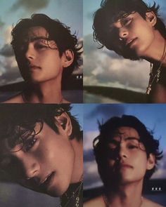 four different shots of a young man with wet hair and no shirt on, one is staring at the camera