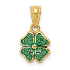 14k Yellow Gold Green Enamel Good Luck Four Leaf Clover Pendant Charm St Patricks Day Jewelry, Irish Clover, Italian Horn, Clover Pendant, Clover Charm, Bow Jewelry, Clover Necklace, Four Leaves, Yellow Gold Setting