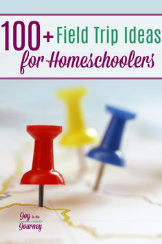 two pins on top of a map with the words, 100 field trip ideas for homeschoolers