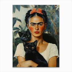 a painting of a woman holding a black cat with orange eyes and an orange flower in her hair