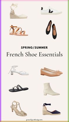 These French spring summer shoe essentials are a great place to start when building your French capsule shoe collection. French Style Shoes, Shoe Essentials, Shoes To Buy, Spring Summer Shoes, Cream Espadrilles, French Shoes, Parisian Summer, White Strappy Sandals, French Wardrobe