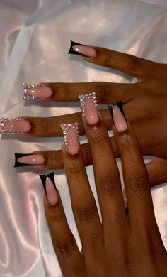 Nail Inspi For Black Women, 35th Birthday Nail Ideas, Sneaker Ball Nails, Black French Tip Nails With Jewels, Black Birthday Acrylic Nails, Pink Acrylic Toe Nails, Extra Birthday Nails Medium Length, Pink Birthday Nail Ideas, Nails Birthday Design Ideas