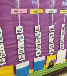 a bulletin board with pictures and name tags on it