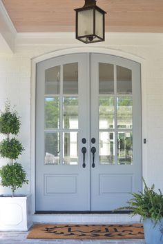 a white front door with two potted plants and a lantern hanging from the ceiling