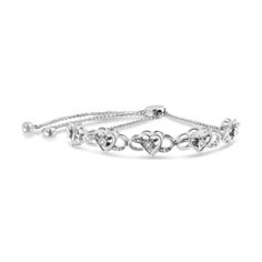 Express your affection to her with this dazzling bolo bracelet. Elegant and timeless, this gorgeous .925 sterling silver bracelet features open heart shaped links with infinity loops woven around each heart. Each link has petite diamonds lining one curve of the infinity loop with a single diamond in the center of the loop in a miracle-plate setting. The unique miracle-plate setting centers each genuine diamond in a mirror-finish, high-polish frame, giving the illusion of a much larger stone. The Sterling Silver Heart Bracelet For Anniversary, Sterling Silver Heart Bracelet With Jubilee Style For Anniversary, Sterling Silver Jubilee Heart Bracelet For Anniversary, Elegant Adjustable Heart Bracelet For Mother's Day, Sterling Silver Heart Bracelet With Adjustable Chain For Anniversary, Elegant Adjustable Sterling Silver Bracelet For Valentine's Day, Elegant Adjustable Sterling Silver Bracelet For Mother's Day, Elegant Sterling Silver Bracelet For Valentine's Anniversary, Adjustable Sterling Silver Bracelet With Diamond Accents For Gift