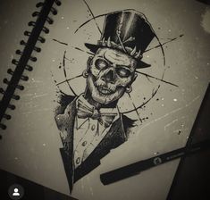 a drawing of a skeleton wearing a top hat and bow tie with a pen in front of it