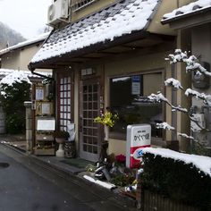 a store front with snow on the roof and flowers in potted pots outside it