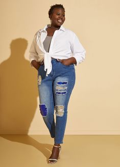 Insets of sequin are outlined by distressing adding some razzle dazzle to our cutout skinny jeans. Plus Size Distressed Jeans, Sequin Jeans, Plus Size Sequin, Jeans Plus Size, Razzle Dazzle, Ashley Stewart, Bra Cups, Personal Marketing, New Model