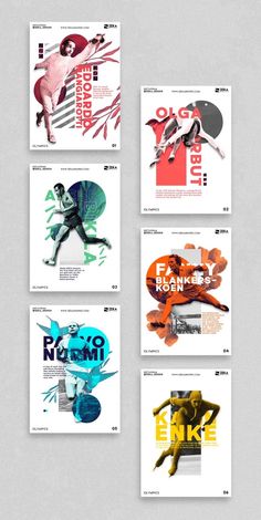 four posters with different colors and shapes on the same page, each featuring an image of a