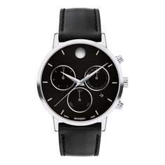 It's time you owned a masterpiece. The Movado Museum Classic is an icon of modern design, featured in museums worldwide and renown for the elegant simplicity of the dial defined by a single dot at 12 o'clock, a design element that symbolizes the sun at high noon. In this style, we've paired a 42mm case in stainless steel with a black chronograph dial-outfitted with three subdials, our signature dot and slender hands-and a luxurious black leather strap. Black Museum Dial With Concave Dot 42mm Sta Black Museum, Movado Watch, Black Leather Watch, Ceramic Watch, Stainless Steel Watch, Men's Watch, Leather Band, Chronograph Watch, Watch Design