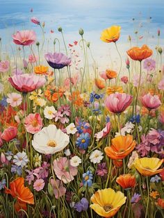 an oil painting of colorful flowers in a field